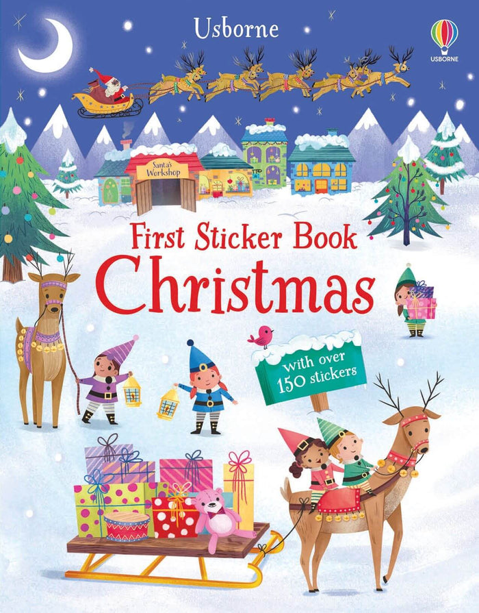 Usborne sticker book cover showing Santa, reindeer, and elves in a snowy village with colorful presents.