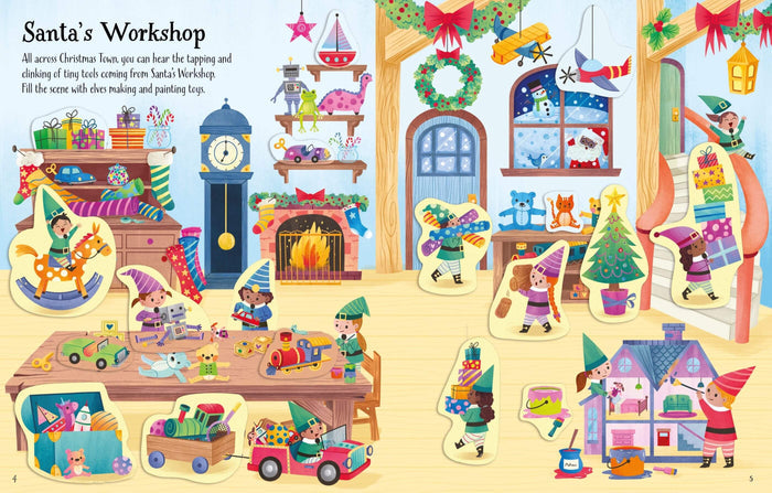 Colorful sticker book illustration of Santa's workshop with elves making toys, a fireplace, and a Christmas tree.