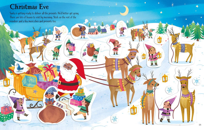 Illustrated snowy night scene on a sticker book page with a Black Santa, reindeer, and diverse elves with gifts.
