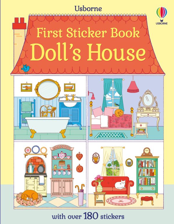 Illustrated sticker book cover showing a four-room dollhouse with colorful rooms, pets, and a bright orange roof.