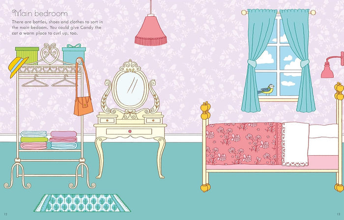 Pastel dollhouse bedroom illustration with a pink floral bed, white vanity, and blue curtains on floral wallpaper.