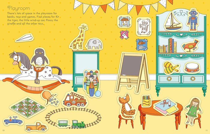 Colorful sticker book playroom scene with yellow polka dot walls, toy furniture, and animal stickers.