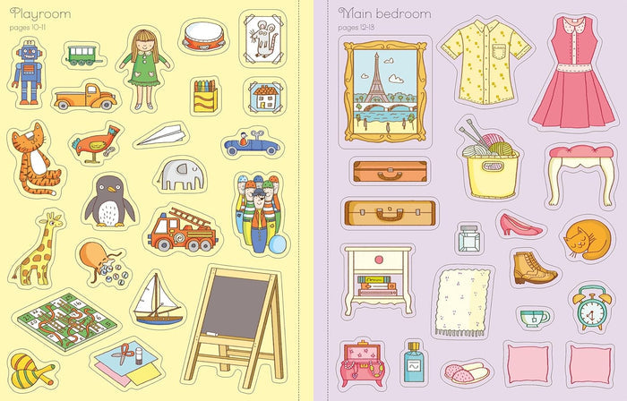Two pages of hand-drawn dollhouse stickers including toys, clothes, and furniture on yellow and purple backgrounds.