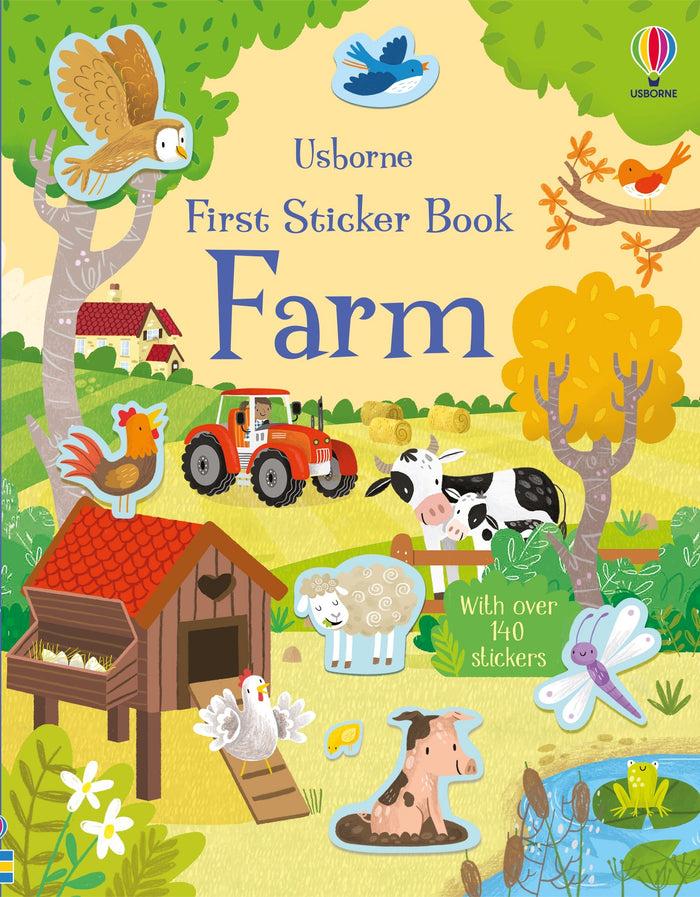 Colorful farm sticker book cover featuring a red tractor, cows, sheep, and a pig in a mud puddle.