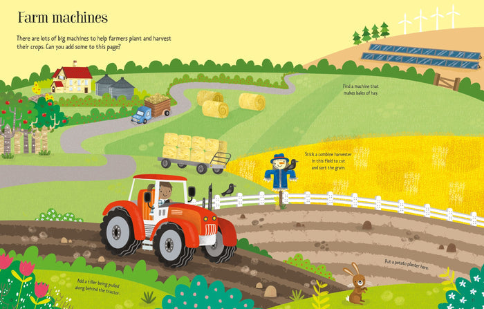 Illustrated farm landscape from a sticker book featuring a bright red tractor, hay bales, and interactive text prompts.