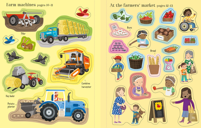 Two open pages of a sticker book with colorful illustrations of farm machines and people at a farmers' market.