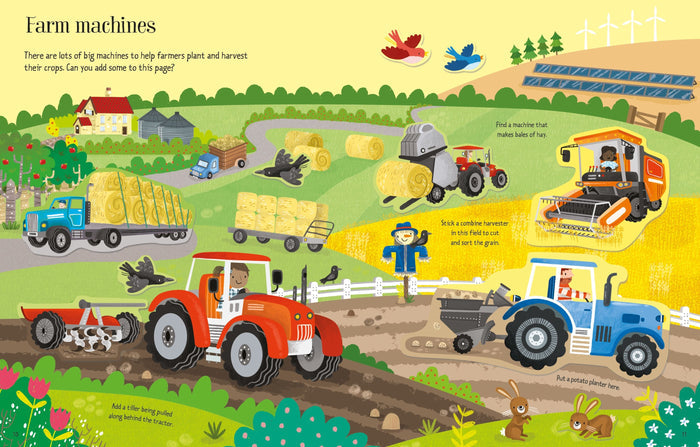 Colorful farm scene sticker book page featuring red and blue tractors, trucks, hay bales, and farm animals.