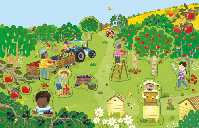 Colorful farm orchard illustration featuring stickers of children harvesting fruit, a blue tractor, and beehives.