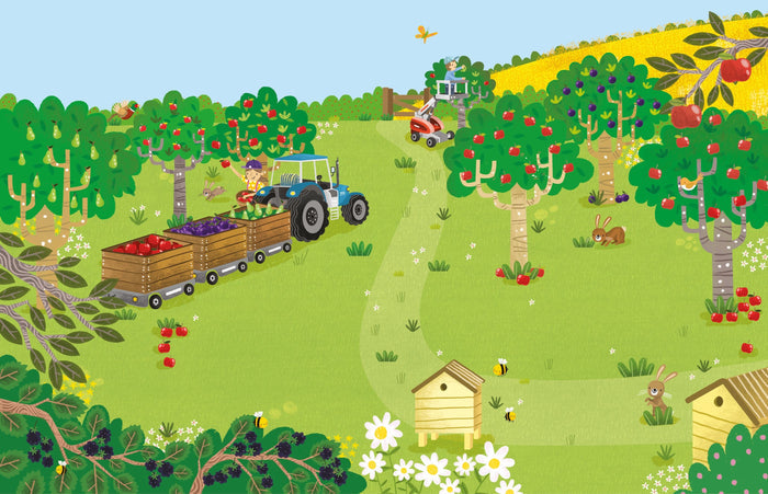 Bright farm illustration with people picking fruit, a blue tractor, trees, and animals in a grassy orchard.