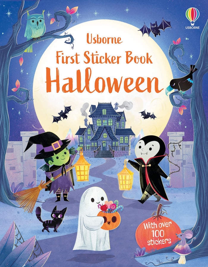 Halloween book cover with a cartoon witch, ghost, and vampire in front of a haunted house under a large full moon.