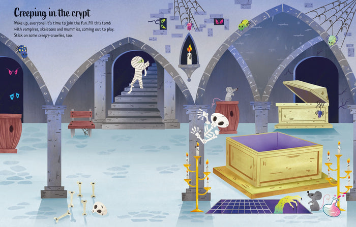 Cartoon Halloween activity page featuring a mummy, skeleton, and sarcophagus inside a stone-arched spooky crypt.