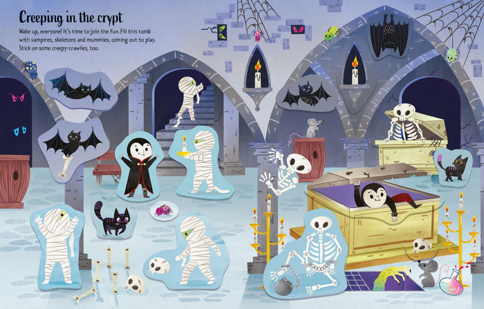 Colorful cartoon sticker page of a spooky stone crypt with vampires, mummies, skeletons, bats, and black cats.