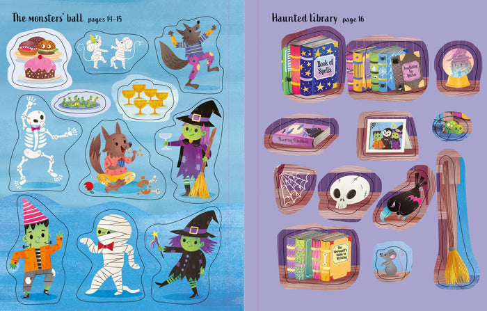 Colorful sticker pages with cartoon monsters, witches, and haunted library items on blue and purple backgrounds.