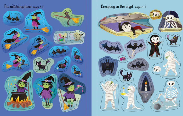 Two pages of colorful Halloween stickers featuring cartoon witches, vampires, mummies, and skeletons on blue backgrounds.