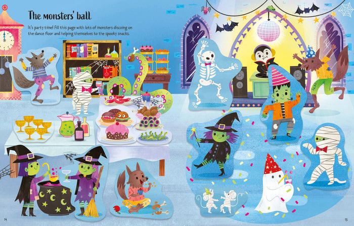 Colorful sticker book page featuring cartoon monsters dancing at a party with a disco ball and spooky snacks.
