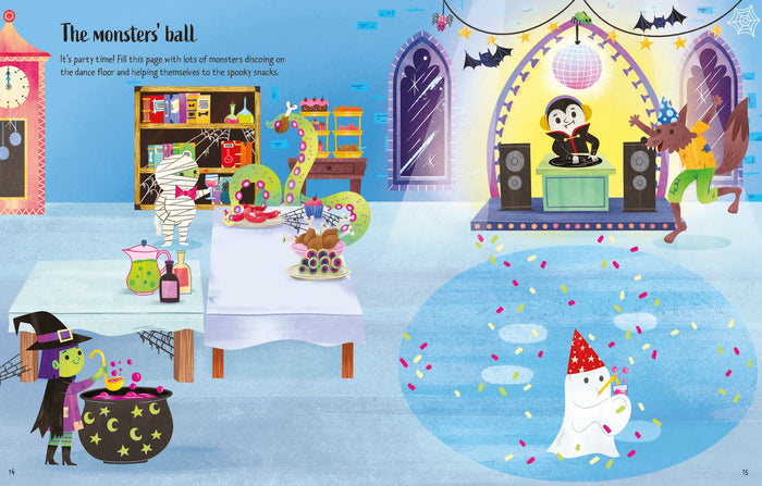 Vibrant cartoon Halloween party scene featuring a vampire DJ, dancing werewolf, and a witch stirring a cauldron.