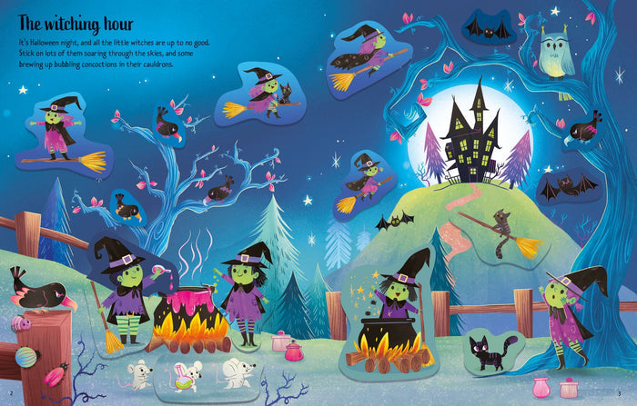 Halloween sticker book page with green-faced witches flying and brewing potions under a full moon with a haunted house.