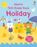 Bright book cover with a rabbit, mouse, and tiger on a beach with a sandcastle, umbrella, and smiling yellow sun.