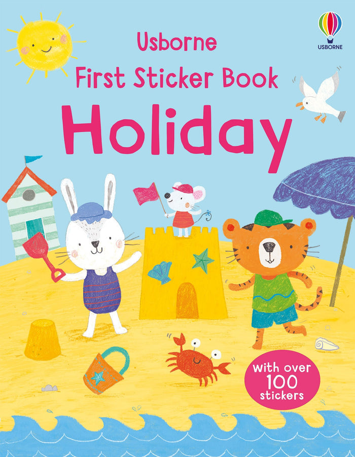 Bright book cover with a rabbit, mouse, and tiger on a beach with a sandcastle, umbrella, and smiling yellow sun.