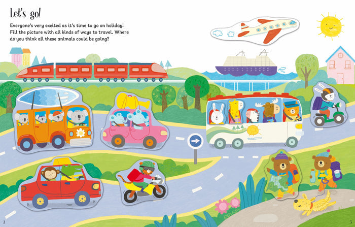Vibrant sticker book page featuring cartoon animals traveling by car, bus, train, and plane in a bright holiday scene.