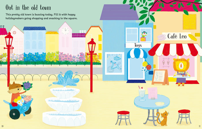 Colorful children's book illustration of a town square with a fountain, flower-vending fox, toy shop, and café.
