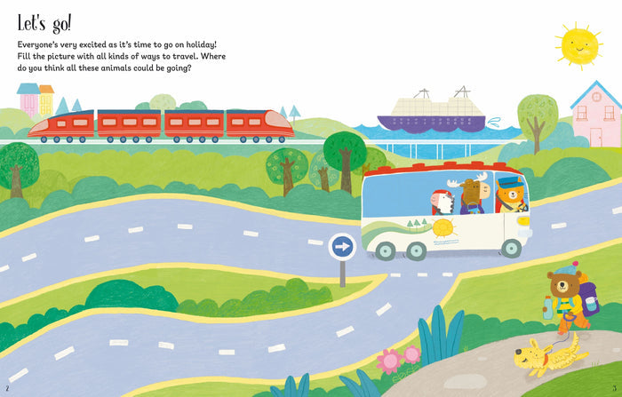 Colorful book page showing animals traveling on a red train, white bus, and boat through a sunny green landscape.