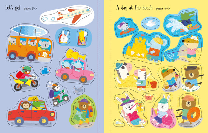 Two pages of a sticker book featuring colorful cartoon animals in vehicles and enjoying a day at the beach.