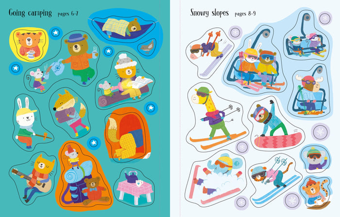 Illustrative sticker book pages featuring cute animals camping on a teal background and skiing on a light blue background.