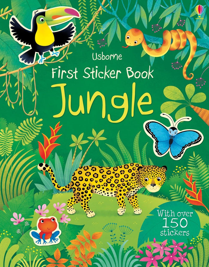 Bright green book cover with cartoon leopard, toucan, snake, and butterfly in a lush jungle with tropical plants.