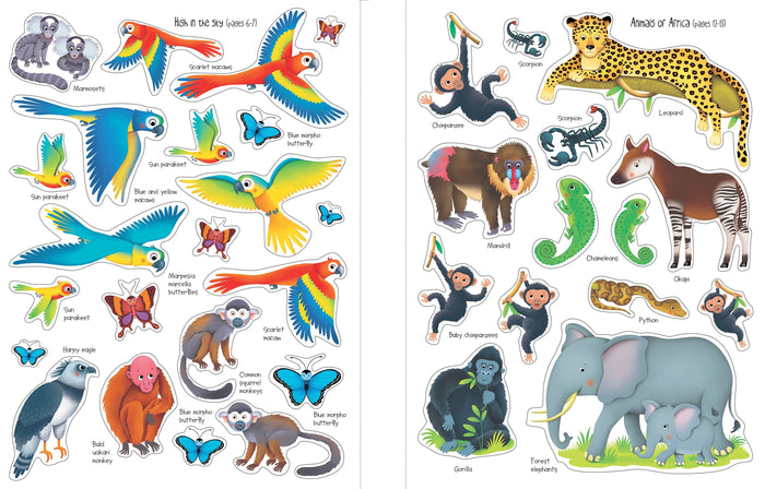 Two colorful sticker book pages featuring illustrated jungle birds, monkeys, a leopard, and elephants with text labels.