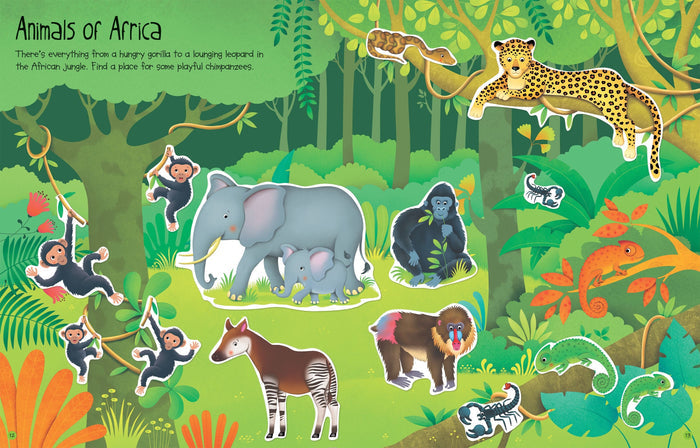 Colorful jungle sticker book page with cartoon African animals like elephants, a leopard, a gorilla, and monkeys.