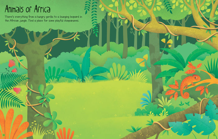 Vibrant African jungle illustration with lush green foliage, vines, and a small orange chameleon on a branch.