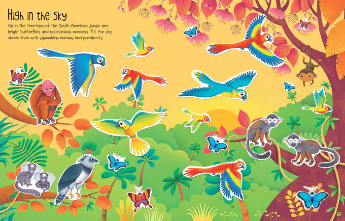 Jungle sticker book page featuring colorful tropical bird and monkey stickers in a lush rainforest scene.