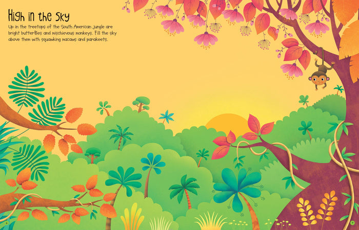 Vibrant jungle illustration with a monkey hanging from a branch, lush green trees, and an orange setting sun.