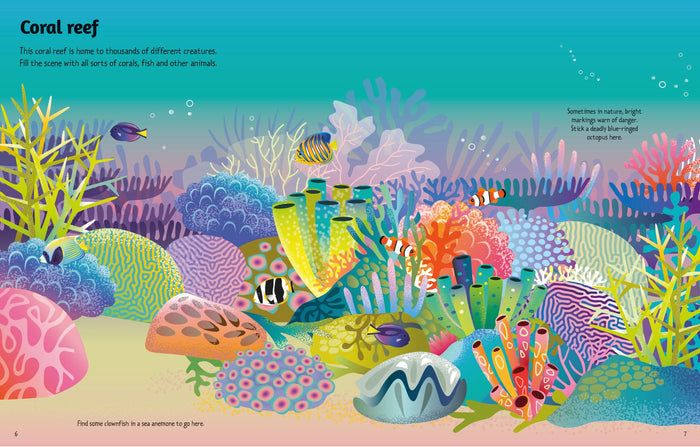 Colorful coral reef scene featuring stylized fish and diverse coral shapes in bright pink, yellow, blue, and orange.