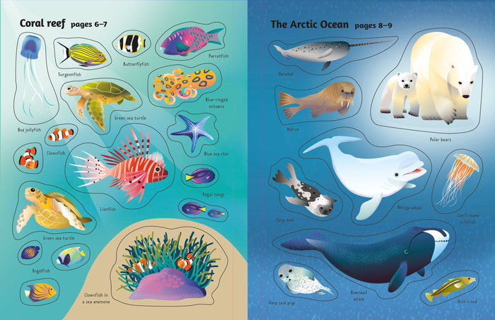 Colorful sticker book spread with labeled illustrations of tropical coral reef fish and icy Arctic Ocean animals.