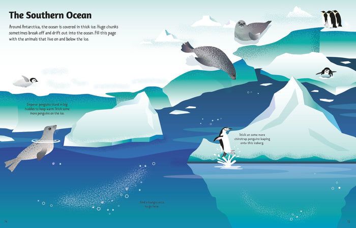 Antarctic sticker book illustration with penguins and seals among icebergs in shades of blue, teal, and white.