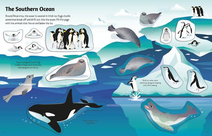 Illustrated sticker book page showing an icy Antarctic ocean with penguins, seals, and a large black and white orca.