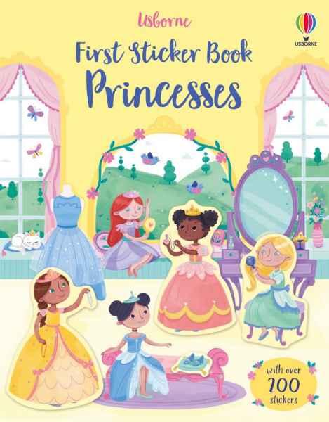 Yellow book cover showing diverse cartoon princesses in colorful gowns in a palace room with over 200 stickers badge.