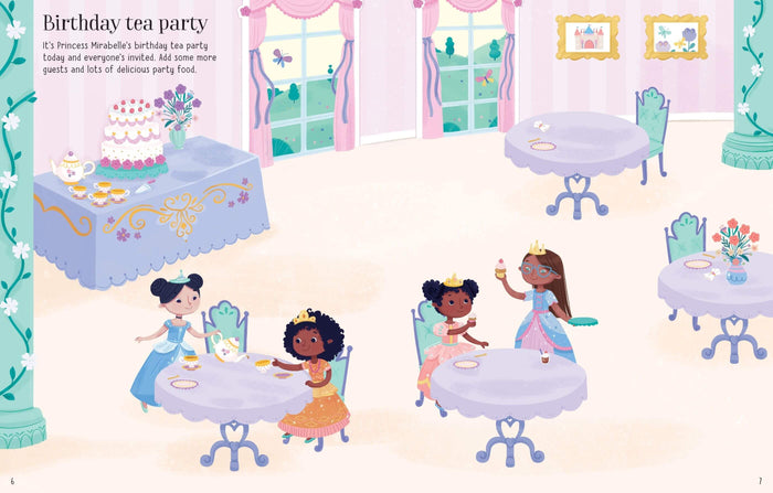 Illustration of princesses at a tea party with a large tiered cake and decorated tables in a pastel room.