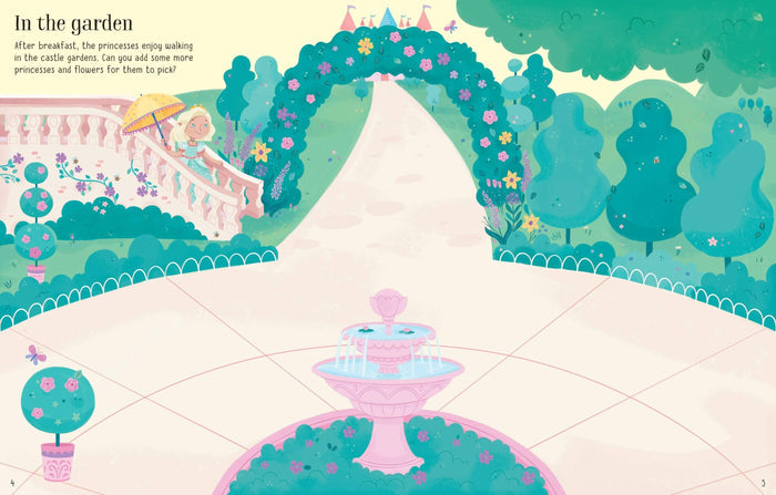 Illustrated garden scene from a children's sticker book featuring a pink fountain, teal trees, and a princess on stairs.