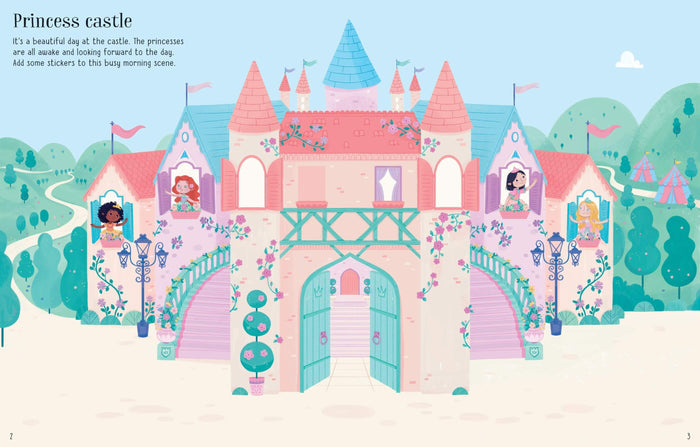 Illustration of a pink castle with blue turrets, open gates, and four princesses waving from their windows.