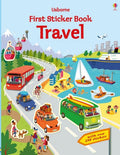 Colorful travel sticker book cover with cartoon cars, boats, and people in a busy scene. Includes 150+ stickers badge.