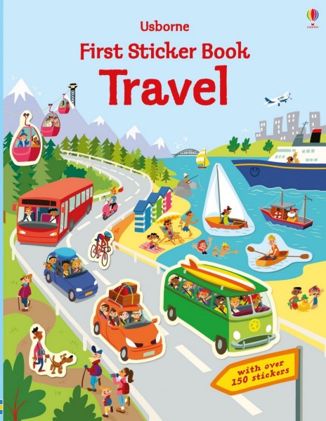 Colorful travel sticker book cover with cartoon cars, boats, and people in a busy scene. Includes 150+ stickers badge.