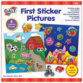 Packaging for Galt First Sticker Pictures featuring farm and space scenes with animal, rocket and astronaut stickers.