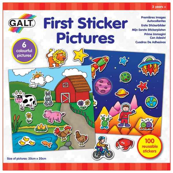 Packaging for Galt First Sticker Pictures featuring farm and space scenes with animal, rocket and astronaut stickers.