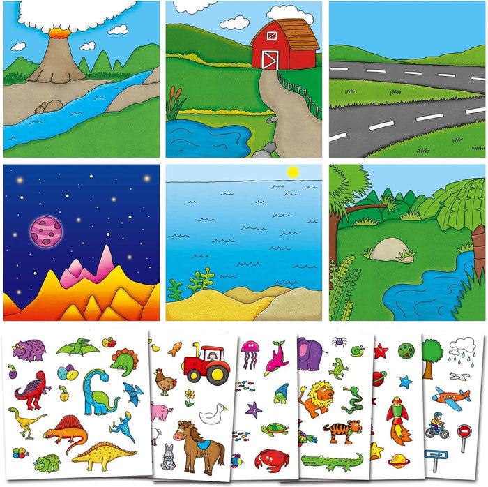 Six cartoon landscapes and sticker sheets with dinosaurs, farm animals, sea life, wild animals, space, and vehicles.