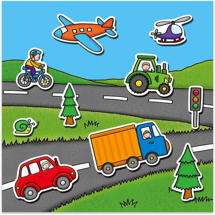 Cartoon landscape scene with sticker-style car, truck, tractor, bicycle, airplane, and helicopter on roads.