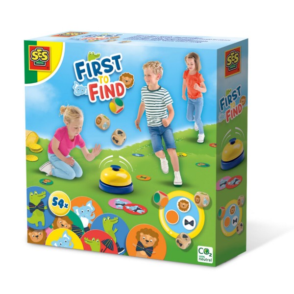 First to Find board game box showing children playing with animal tokens, dice, and a yellow bell on a grassy field.