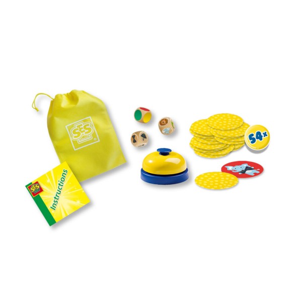 Yellow drawstring bag, instruction book, three dice, a yellow desk bell, and 54 round illustrated cards.